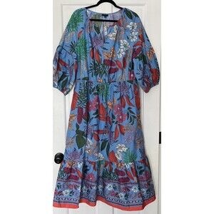 Talbots Maxi Dress XL Petite Floral Blue Beach Vacation Boho Fit Flare Garden